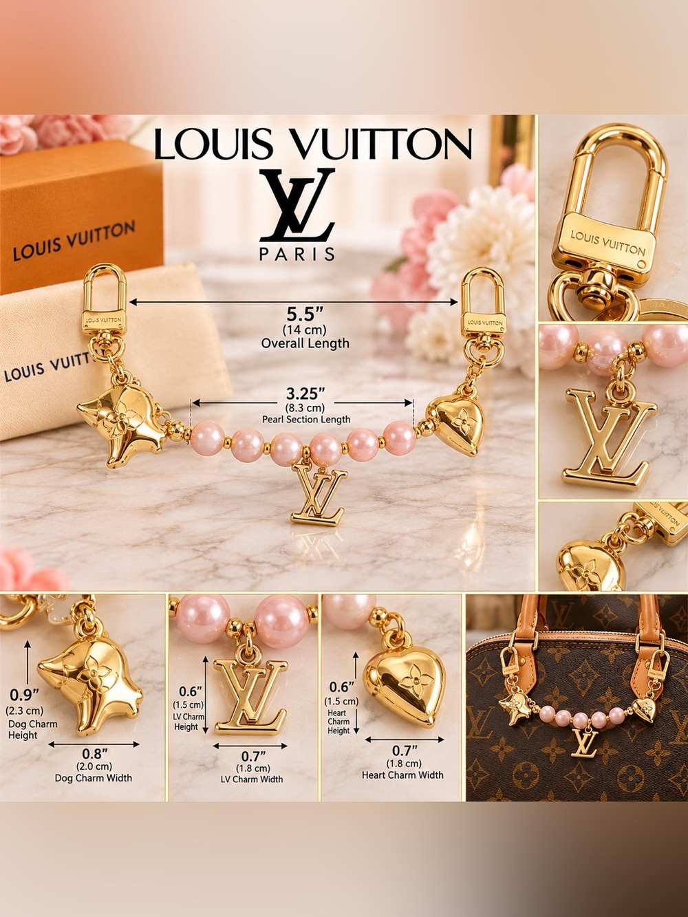 Louis Vuitton Pink Pearl and Gold Charm Strap Accent Dachshund